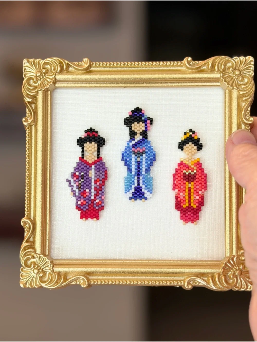 Framed Kimono Girls Miniature Art • Handmade Seed Bead Decor - Picture 5 of 7